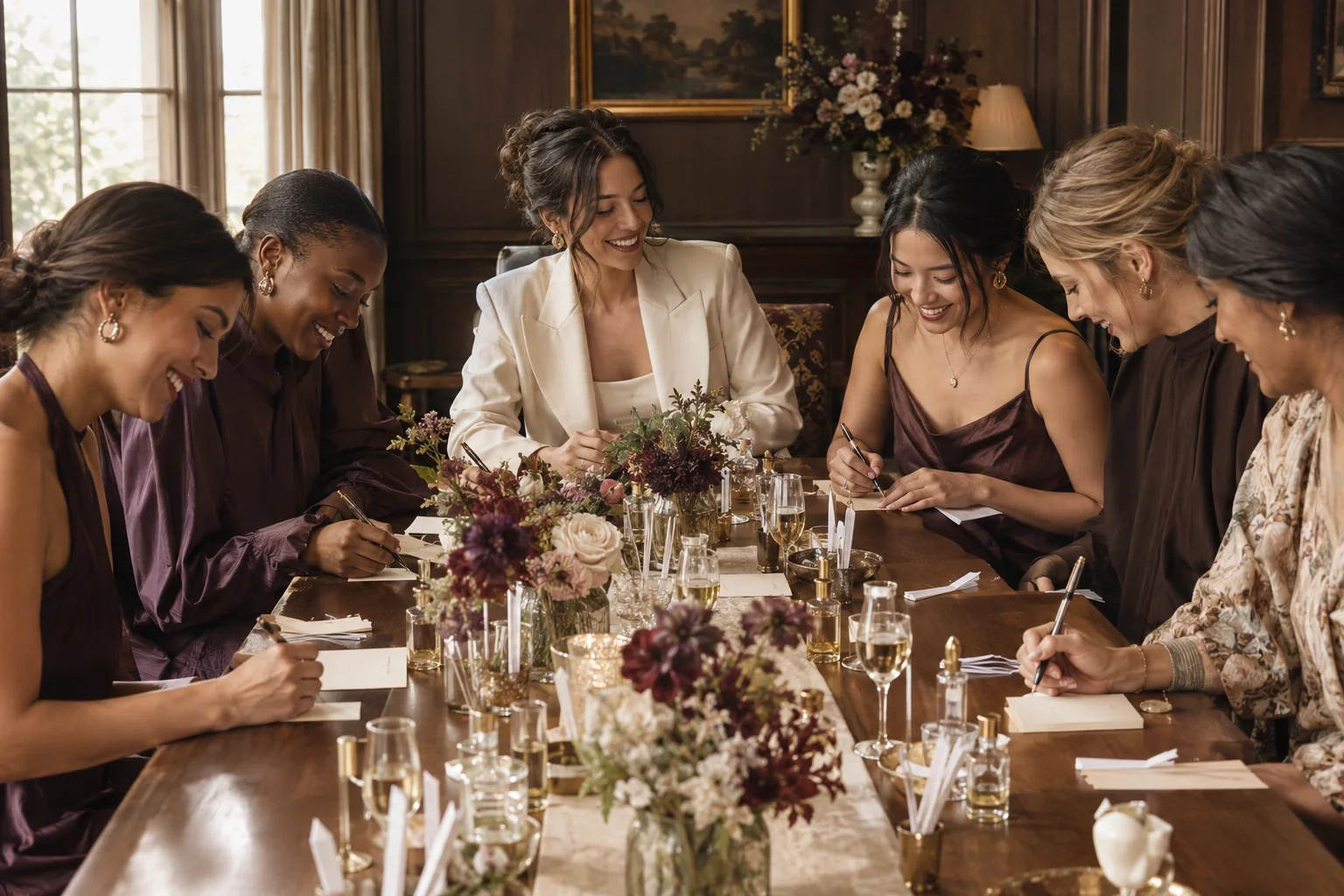 Women sharing a scent experience at a bridal gathering