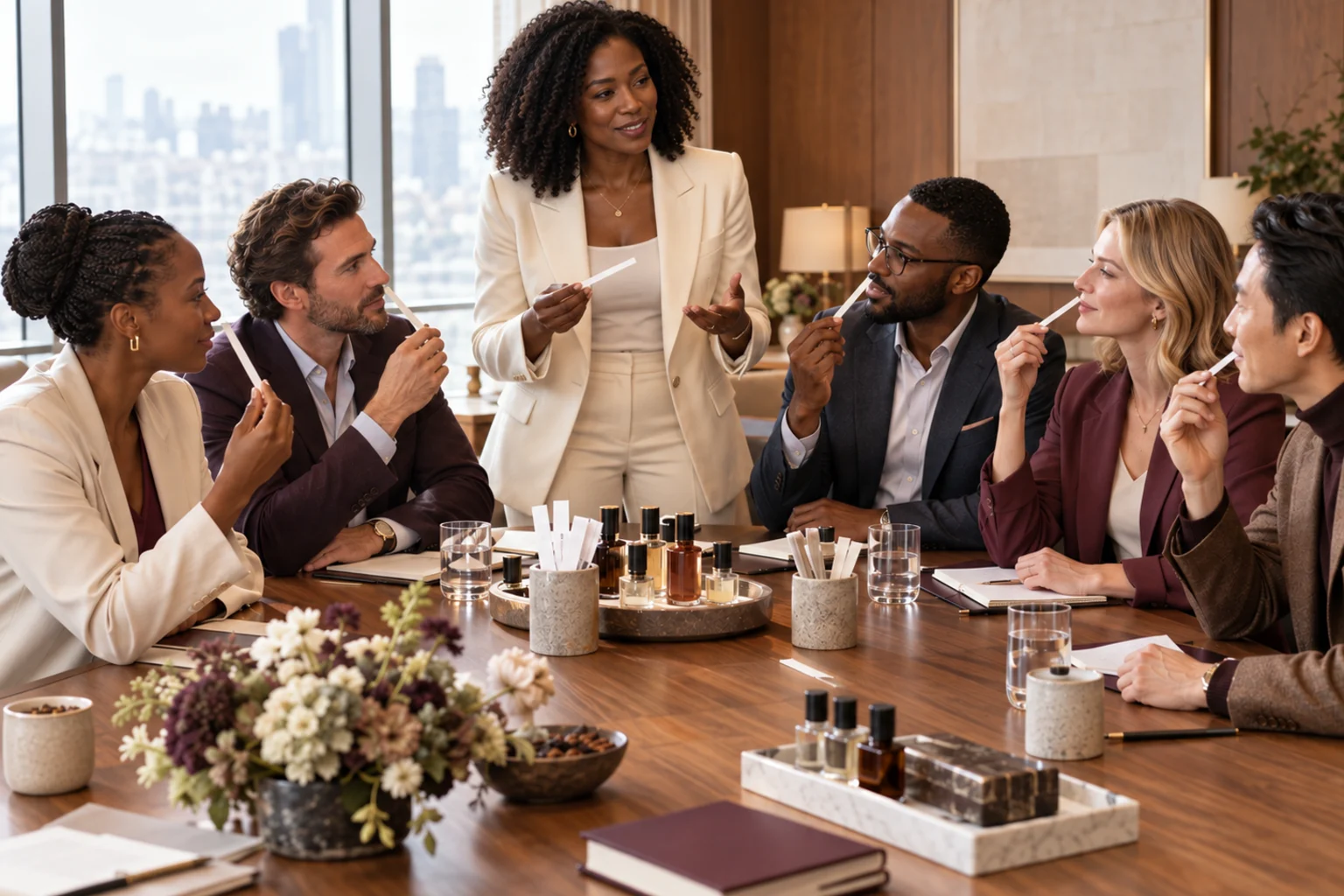 Black female facilitator leading a mixed-gender corporate scent identity session