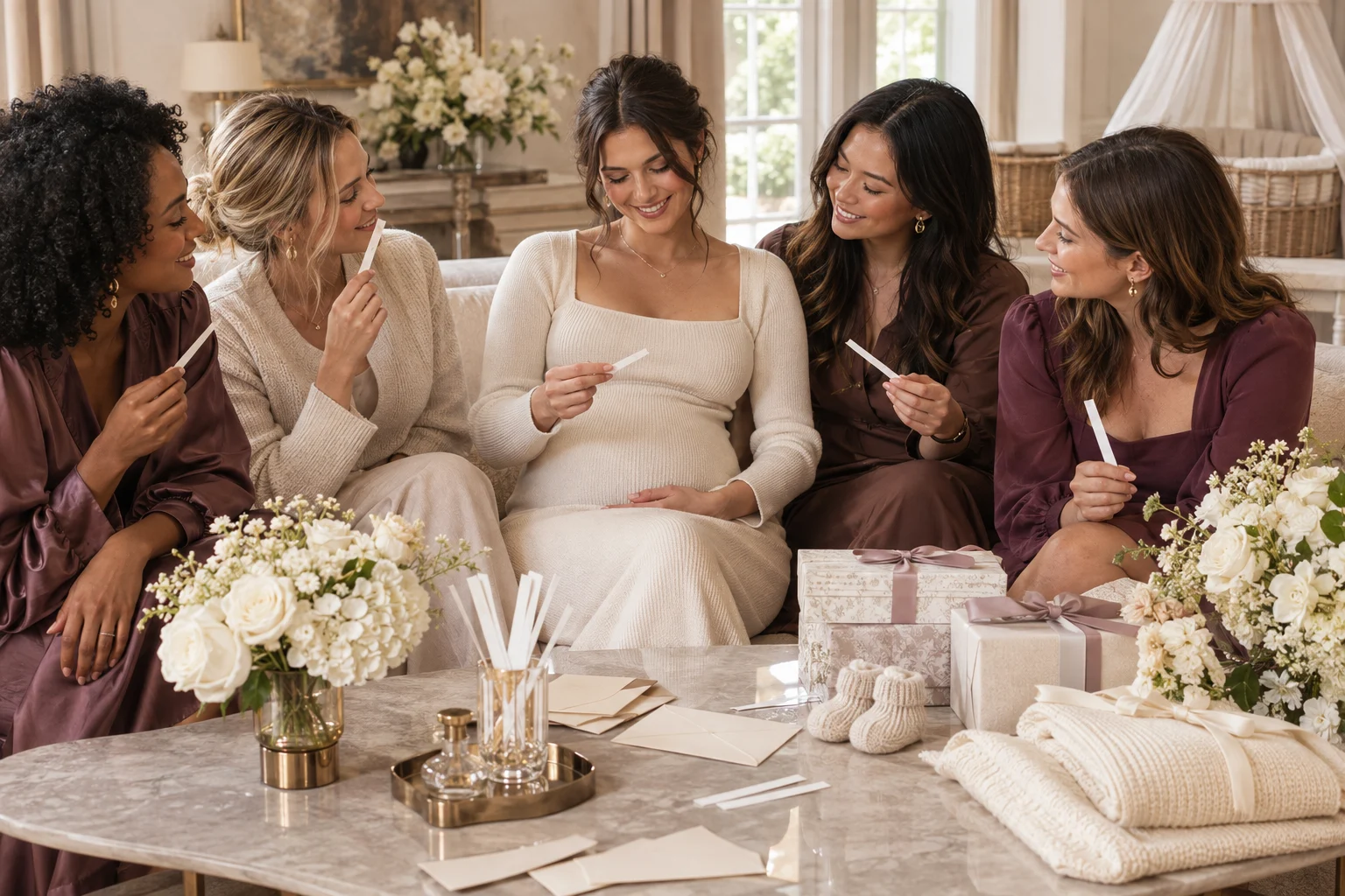 Guests celebrating a baby shower with flowers and scent