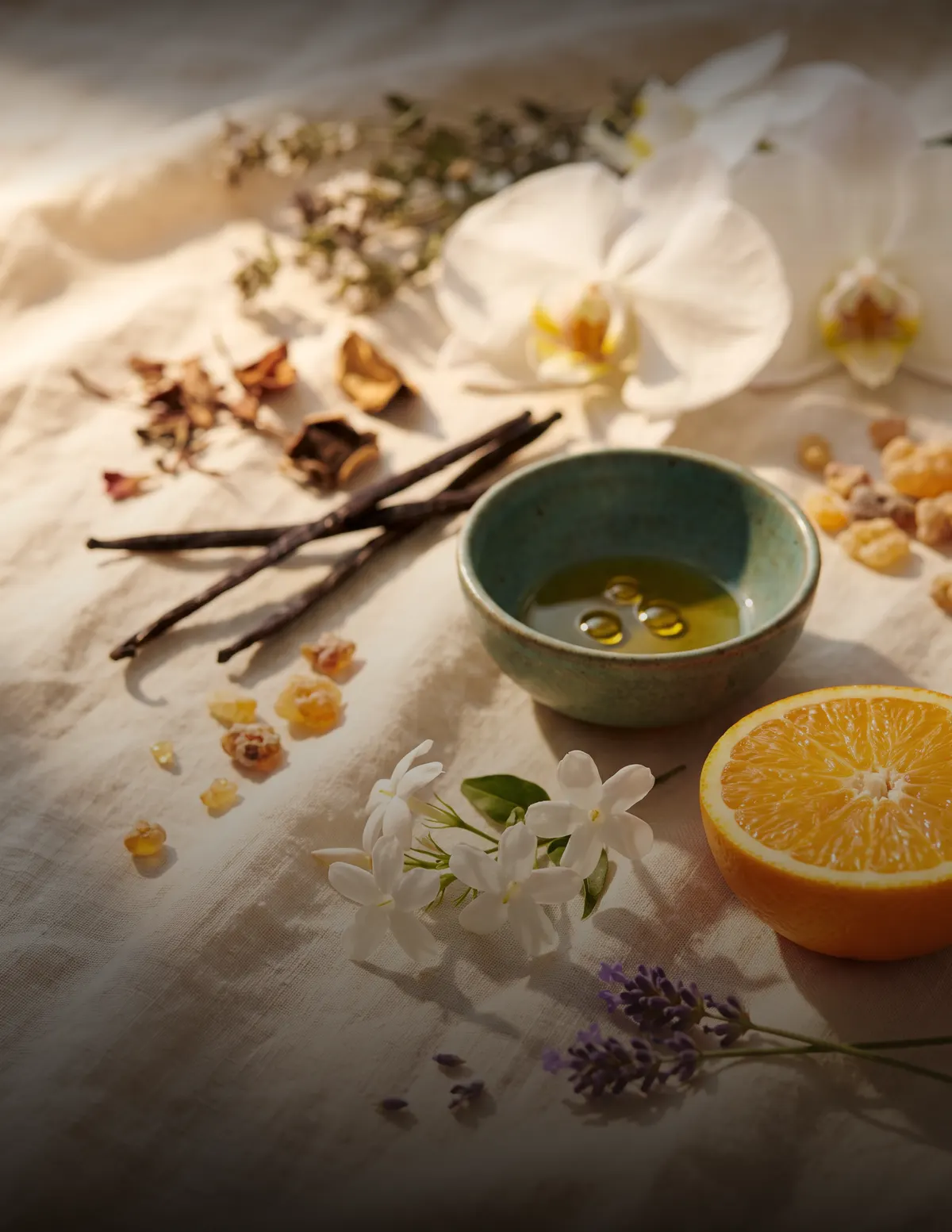 An editorial fragrance still life